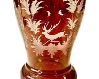 Vintage Bohemian Glass Vase - Cut To Clear Stag Design