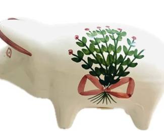 Hand Painted Piggy Bank Made In Portugal Pink & Green Flower Bouquet Bow Signed