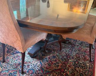 Henredon Dining Table 86” Length 52” Width Chairs are by hickory - there are 8 side chairs and 1 chair with arms.