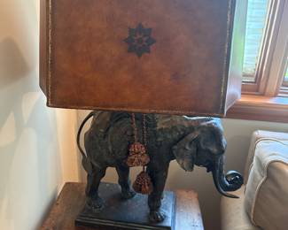 Maitland Smith Bronze Elephant Lamp with a rectangle leather shade. Beautiful lamps . Marked as Maitlyn Smith.