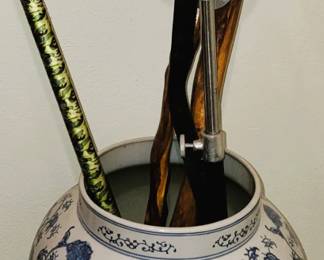 Blue and White urn - wood canes