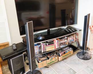 65" curved screen tv, sony tower speakers and subwoofer. Dozens and dozens of DVD movies and tv series