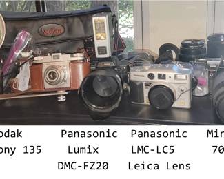 Vintage 35mm cameras: Kodak Pony, Panasonic Lumix (several models and lenses) with Leica lens, Minolta