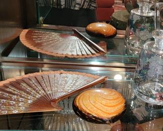 Oriental style decanter, fan and art glass