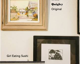Framed Art: Irma Quigley Original and Girl Eating Sushi Woodblock