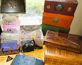 Selection of wood boxes and ephemera.