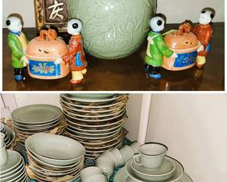 Celedon dishes and ginger jar. Neiman Marcus incense burners (2)