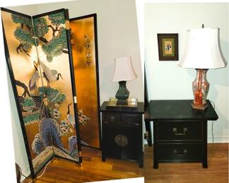Oriental Room Divider Screen - Small table set, lamps