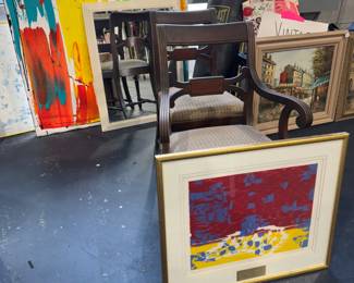 Framed art and mirror. Miscellaneous wall hangings.