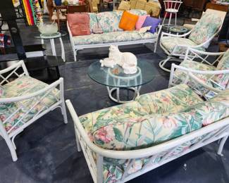 Sunroom sofa, loveseat, chair, rocker, 3 tables.