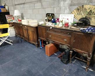 Antique wood buffet cabinet, 2 small cabinets.