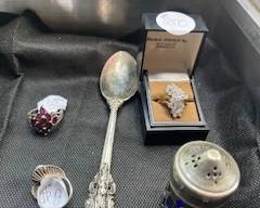 silver spoon, diamond ring, garnet ring, opal ring