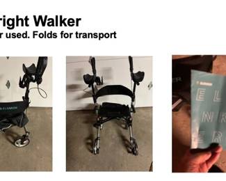 Upright walker. Assembled but never used. Unfortunately Mom never quite got enough strength back after a fall. Folds for transport.