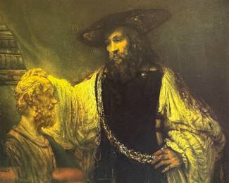 "Aristotle with a Bust of Homer", a professionally framed print by listed artist, Rembrandt van Rijn from the Museum of Modern Art with original label on the verso as seen in photos. This piece measures in frame, 32” H x 30.75” W. Rembrandt Harmenszoon van Rijn, born in Leiden, Netherlands, on July 15, 1606, was a prolific Dutch painter and printmaker of the Dutch Golden Age. He is widely regarded as one of the greatest visual artists in history. His career is marked by his innovative use of light and shadow, his mastery of portraiture, and his dramatic depictions of biblical and mythological scenes. 
