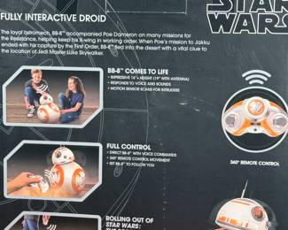 This lot features a new in box, Star Wars Hero Droid BB-8 fully interactive droid. Hero Droid BB-8 comes to life with an impressive height of over 16 inches (19 inches with antenna), voice and sound responses, and a motion sensor. Enjoy full control of your BB-8 with multiple voice commands, 360-degree remote control movement, and unique Follow Me mode which allows Hero Droid BB-8 to roll along beside you just like in the film!
