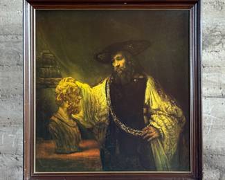 "Aristotle with a Bust of Homer", a professionally framed print by listed artist, Rembrandt van Rijn from the Museum of Modern Art with original label on the verso as seen in photos. This piece measures in frame, 32” H x 30.75” W. Rembrandt Harmenszoon van Rijn, born in Leiden, Netherlands, on July 15, 1606, was a prolific Dutch painter and printmaker of the Dutch Golden Age. He is widely regarded as one of the greatest visual artists in history. His career is marked by his innovative use of light and shadow, his mastery of portraiture, and his dramatic depictions of biblical and mythological scenes. 

