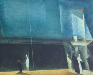 "Blaue Marine", a professionally framed exhibition poster by listed artist, Lyonel Feininger, created originally in 1924. This piece measures in frame, 23.5” H x 36.75” W. Feininger was associated with German Expressionism and the Bauhaus movement, incorporating elements of Cubism and Futurism into his distinct style characterized by angular lines and transparent intersecting planes.
