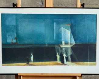 "Blaue Marine", a professionally framed exhibition poster by listed artist, Lyonel Feininger, created originally in 1924. This piece measures in frame, 23.5” H x 36.75” W. Feininger was associated with German Expressionism and the Bauhaus movement, incorporating elements of Cubism and Futurism into his distinct style characterized by angular lines and transparent intersecting planes.
