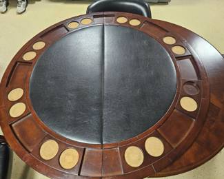 $565 Pre Sale Item - See Sale Description for purchase details. Game table, leatherette, removable top and includes 4 chairs. Game top removes leaving free standing round pedestal table. 61"d. Pic 2 of 7