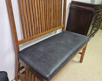 $215 Pre Sale Item - See Sale Description for purchase details. Bench Mission Style - upholstered fabric, black leather look. 41.5"w x 43"h x 21.5"d. Pic 2 of 3