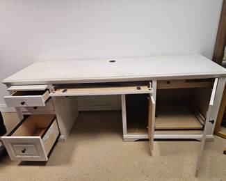 $215 Pre Sale Item - See Sale Description for purchase details. Wood desk, features keyboard drawer, printer cabinet, 3 drawers, pull out shelf and cord access. 82.5"w x 26"d x 31"h Pic 2 of 6