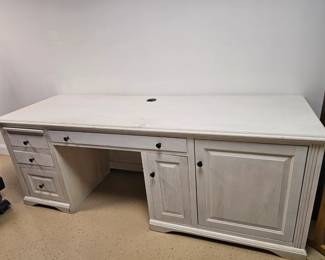 $215 Pre Sale Item - See Sale Description for purchase details. Wood desk, features keyboard drawer, printer cabinet, 3 drawers, pull out shelf and cord access. 82.5"w x 26"d x 31"h Pic 1 of 6