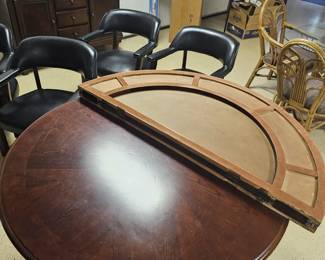 $565 Pre Sale Item - See Sale Description for purchase details. Game table, leatherette, removable top and includes 4 chairs. Game top removes leaving free standing round pedestal table. 61"d. Pic 5 of 7