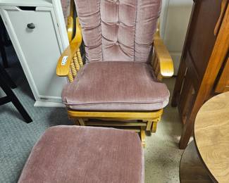 $225 Pre Sale Item - See Sale Description for purchase details. Glider Chair & Ottoman, Excellent condition, velour fabric, mauve color. chair, 24.5"w x 39.5"h - ottoman, 19.5"w x 20/5"d x 15"h Pic 1 of 5