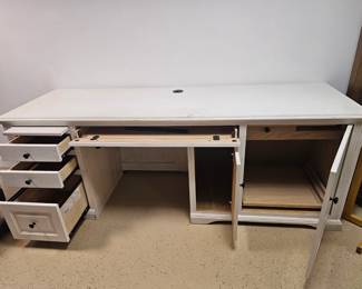 $215 Pre Sale Item - See Sale Description for purchase details. Wood desk, features keyboard drawer, printer cabinet, 3 drawers, pull out shelf and cord access. 82.5"w x 26"d x 31"h Pic 4 of 6