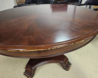 $565 Pre Sale Item - See Sale Description for purchase details. Game table, leatherette, removable top and includes 4 chairs. Game top removes leaving free standing round pedestal table. 61"d. Pic 7 of 7