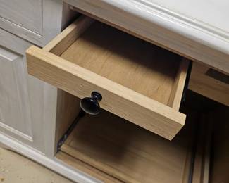 $215 Pre Sale Item - See Sale Description for purchase details. Wood desk, features keyboard drawer, printer cabinet, 3 drawers, pull out shelf and cord access. 82.5"w x 26"d x 31"h Pic 5 of 6