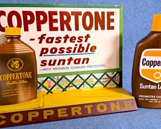 VINTAGE COPPERTONE DISPLAY BOTTLES & STAND LOOK UP RARE FIND