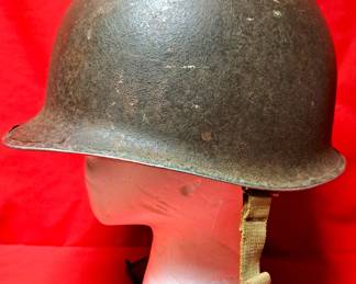 VINTAGE METAL MILITARY HELMET W TWILL STRAPS INSIDE