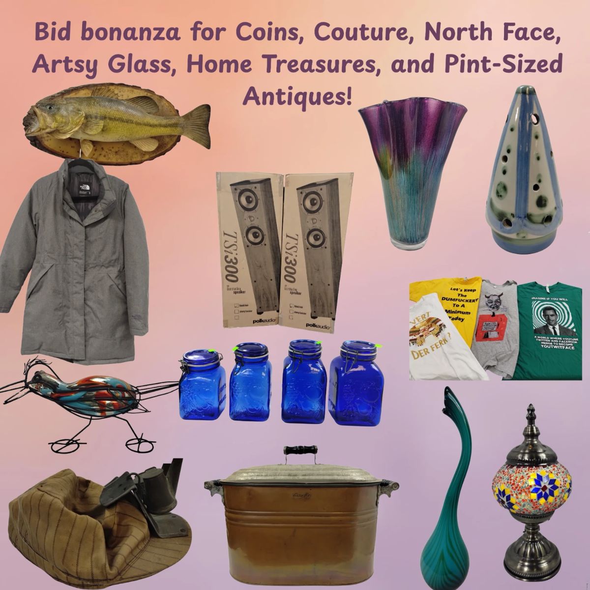 Bid bonanza for Coins, Couture, North Face, Artsy Glass, Home Treasures, and PintSized Antiques