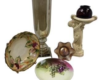 Vintage Decor LOT Midcentury Cherub Ruby Amethyst Glass Lustre Vase
