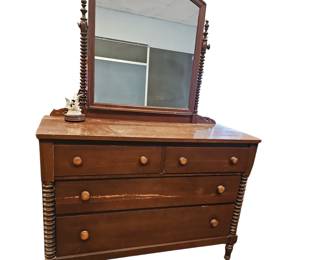 Antique 4 Drawer Mirror Spool Spindle Country Dresser