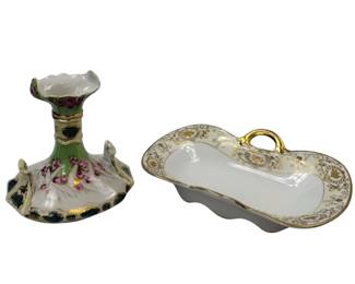 Antique Ornate Vase French Limoges? Gold Green + Nippon Tray