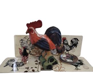 Decor Lot Art Glass ROOSTERs Papier Mache Plates Placemats