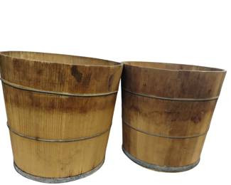 Antique Wood Plank Half Barrel Buckets Bale Wire