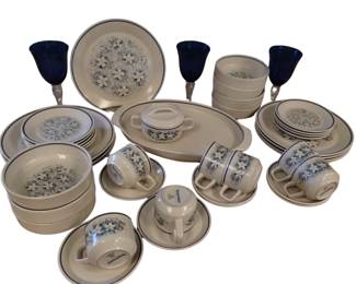 MCM MidCentury Modern Dishes Set LENOX DewDrops Blue Floral Stoneware