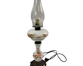 Milk Glass Electrified Oil Lamp Ornate Parlor Cast Metal Base