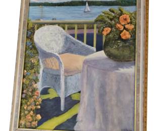 24x30in Painting Acrylic S St Pierre Patio Overlooking Lake Sailboats 1998
