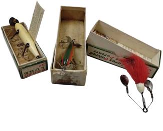 Vintage Fishing Lures LOT Glass Eyes Spinners Chub Creek Boxes + Shannon Creek