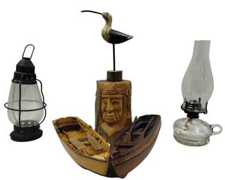 Pickers LOT: Wooden Boats Decor Carved Native Bird Oil Lamps Smalls