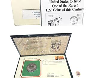 Statue of Liberty First Day Cover Stamp & Coin 1985 + American Junior Red Cross Badge