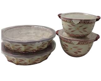 Temptations Two Mixing Bowls Lids + 2 Pie Dishes Old World