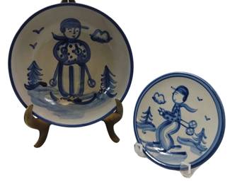 Hadley Pottery Country Scene Winter Boy Skis Serving Bowl + Plate