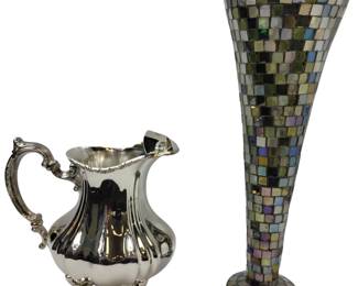 Towle Silverplated Ice Water Pitcher + Mosaic 16" Vase Glass Hand Made