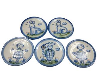 Hadley Pottery Country Scene 6" Bread Snack Plates Rabbit Girls Boy Kite 5pc
