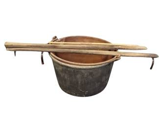Huge 26" Round Antique Copper Boiling Pot Cooking Laundry Maple Syrup +Paddles